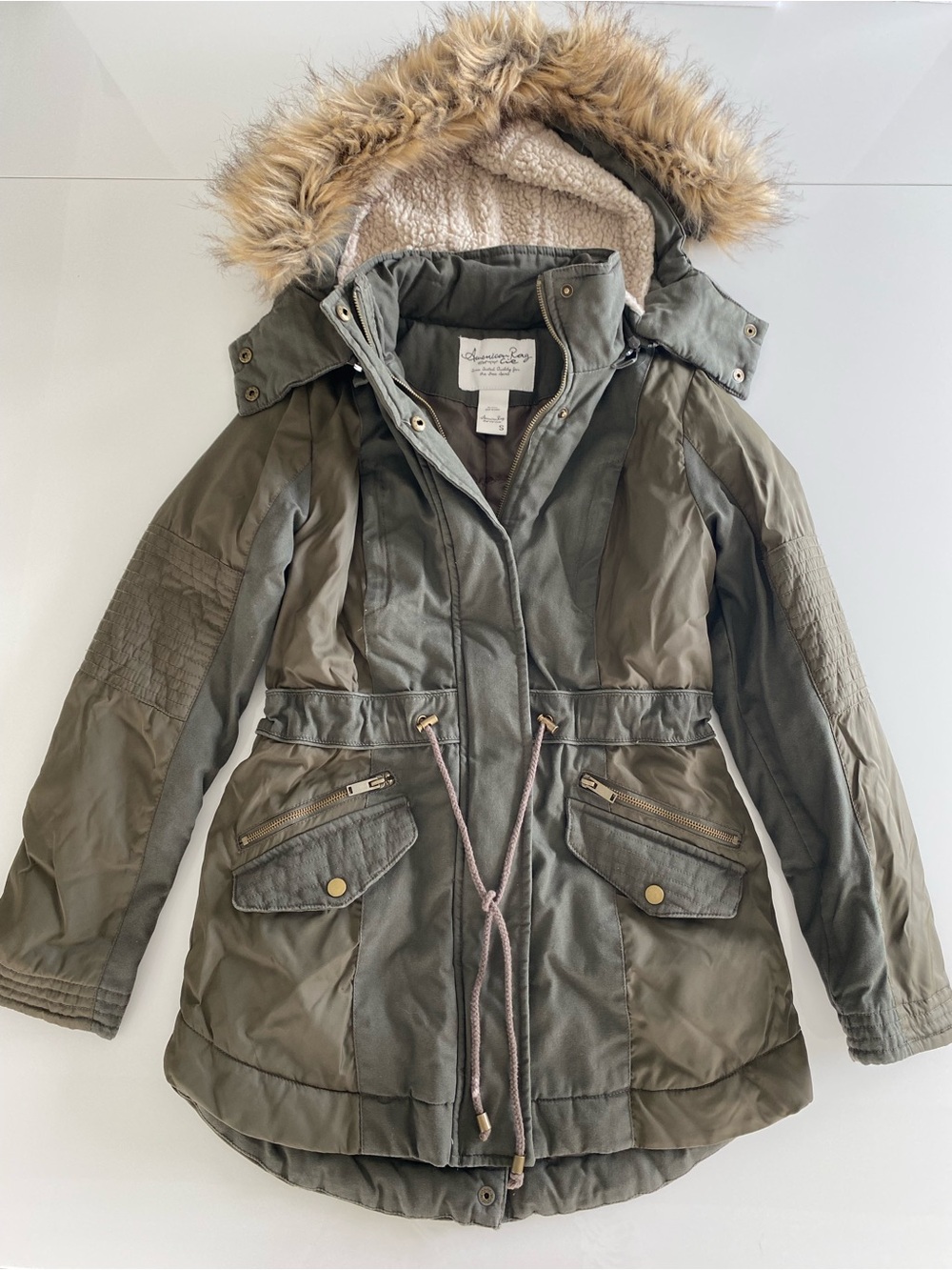 American Rag Green Utility Jacket with hooded faux fur trim XS